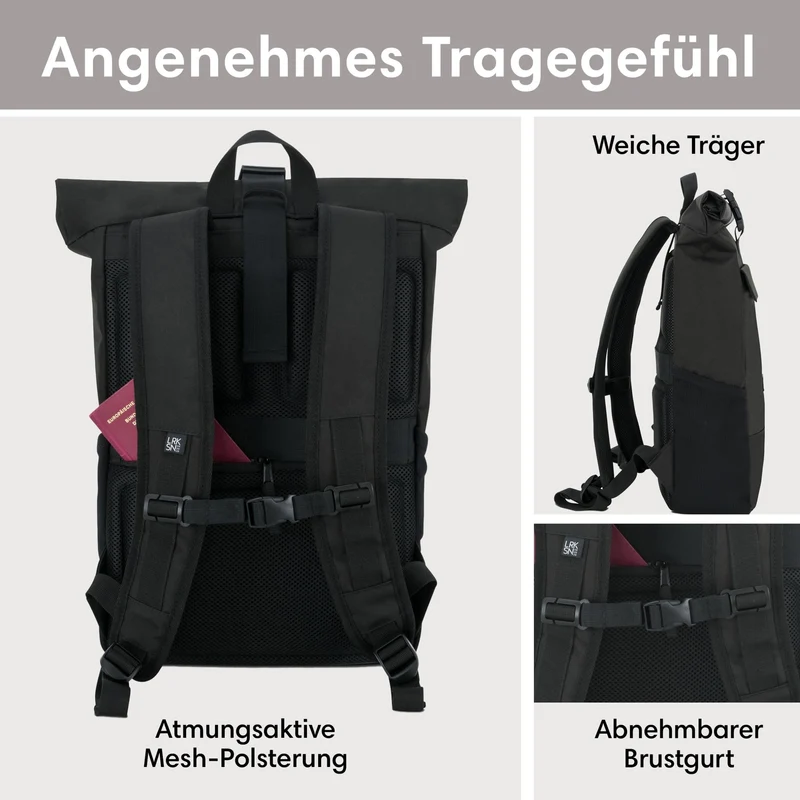 LARKSON No 4 Rolltop Rucksack schwarz mit Laptopfach bis 16 Zoll
