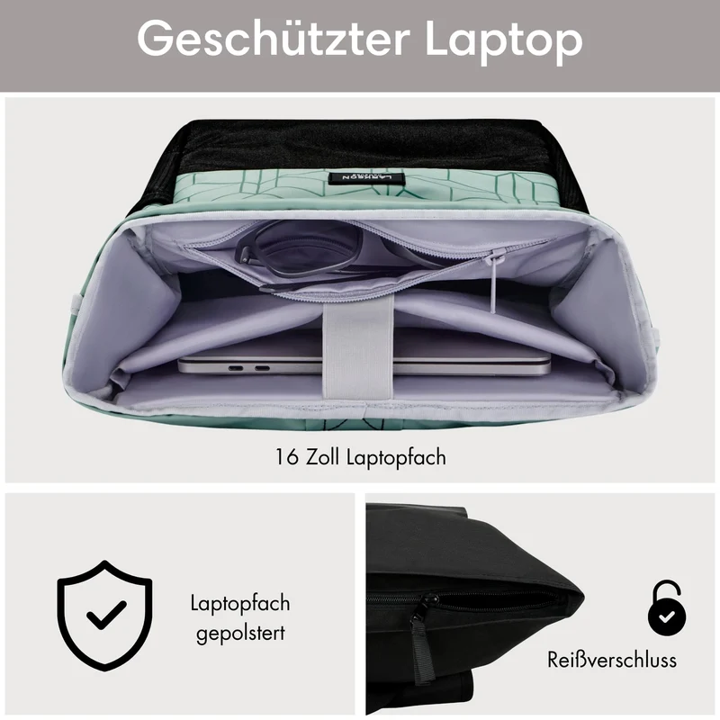 LARKSON No 4 Rolltop Rucksack Mint mit Laptopfach, wasserabweisend