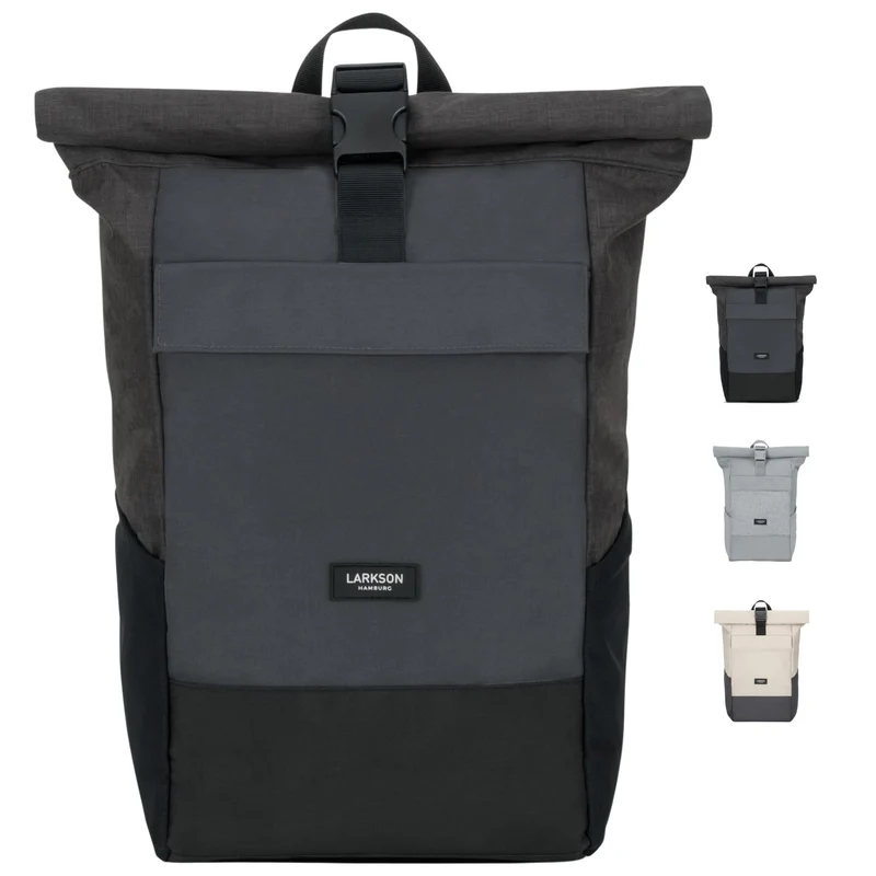 LARKSON No 4 Rolltop Rucksack Schwarz Grau mit Laptopfach 16 Zoll
