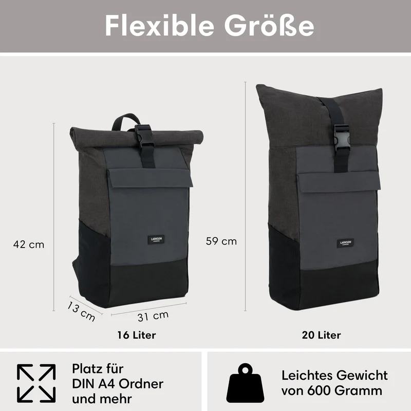 LARKSON No 4 Rolltop Rucksack Schwarz Grau mit Laptopfach 16 Zoll