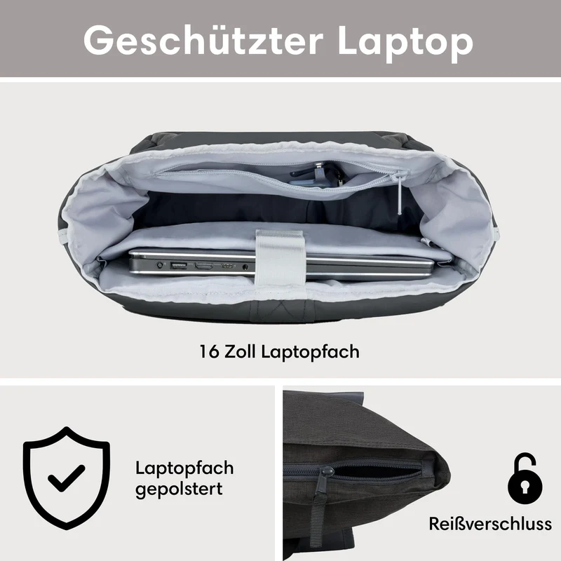 LARKSON No 4 Rolltop Rucksack Schwarz Grau mit Laptopfach 16 Zoll