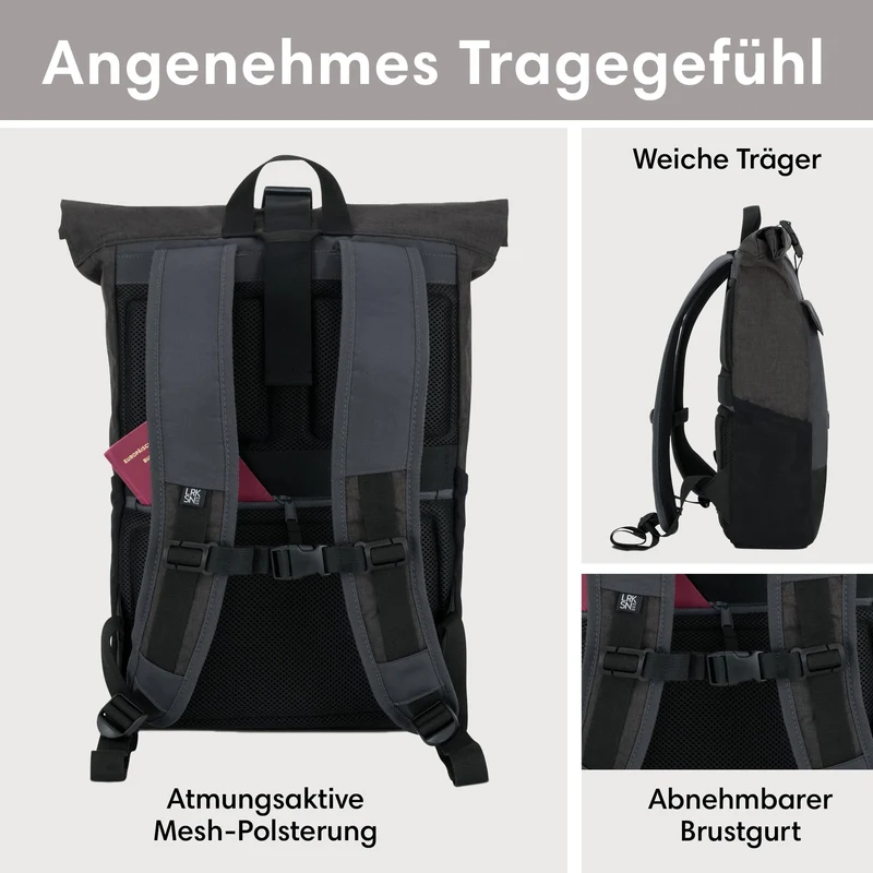 LARKSON No 4 Rolltop Rucksack Schwarz Grau mit Laptopfach 16 Zoll