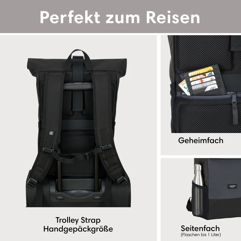 LARKSON No 4 Rolltop Rucksack Schwarz Grau mit Laptopfach 16 Zoll