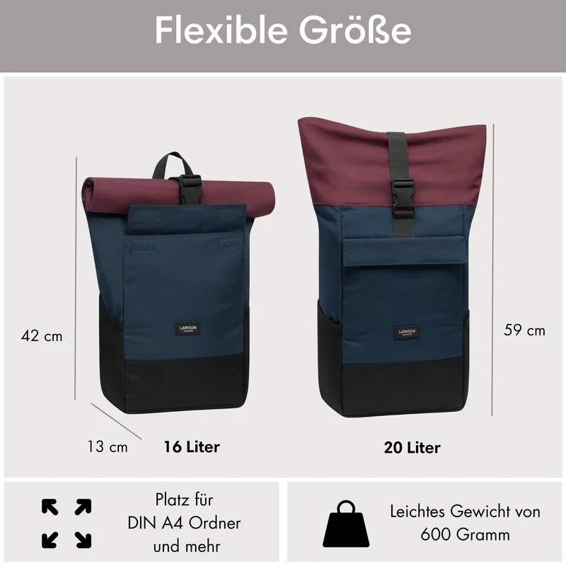 LARKSON No 4 Rolltop Rucksack mit 16 Zoll Laptopfach, blau-rot