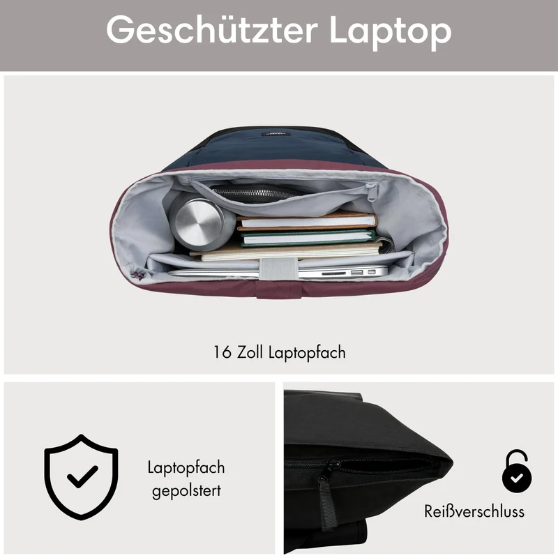 LARKSON No 4 Rolltop Rucksack mit 16 Zoll Laptopfach, blau-rot