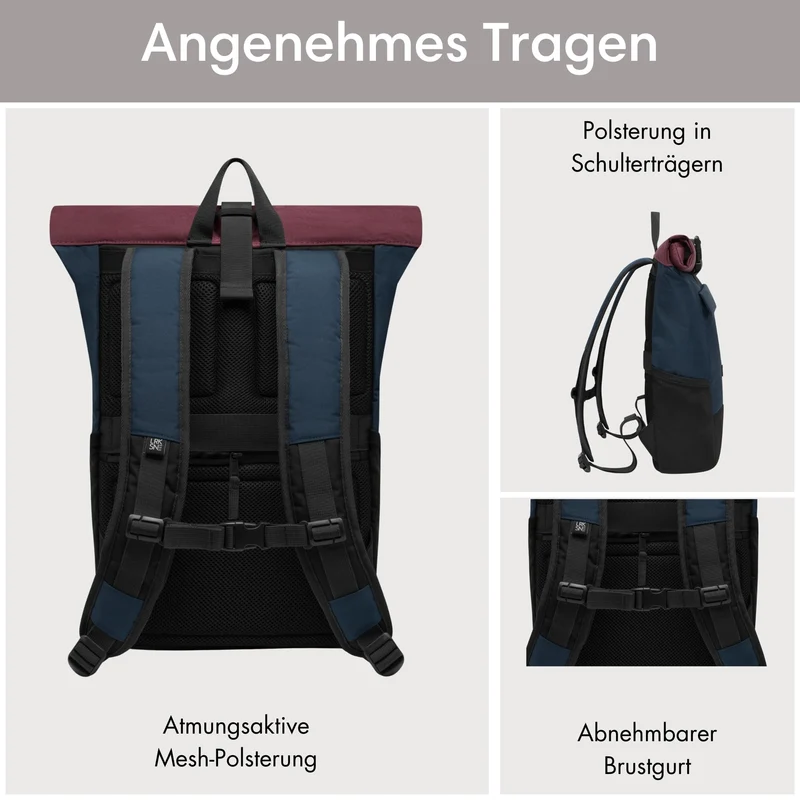 LARKSON No 4 Rolltop Rucksack mit 16 Zoll Laptopfach, blau-rot