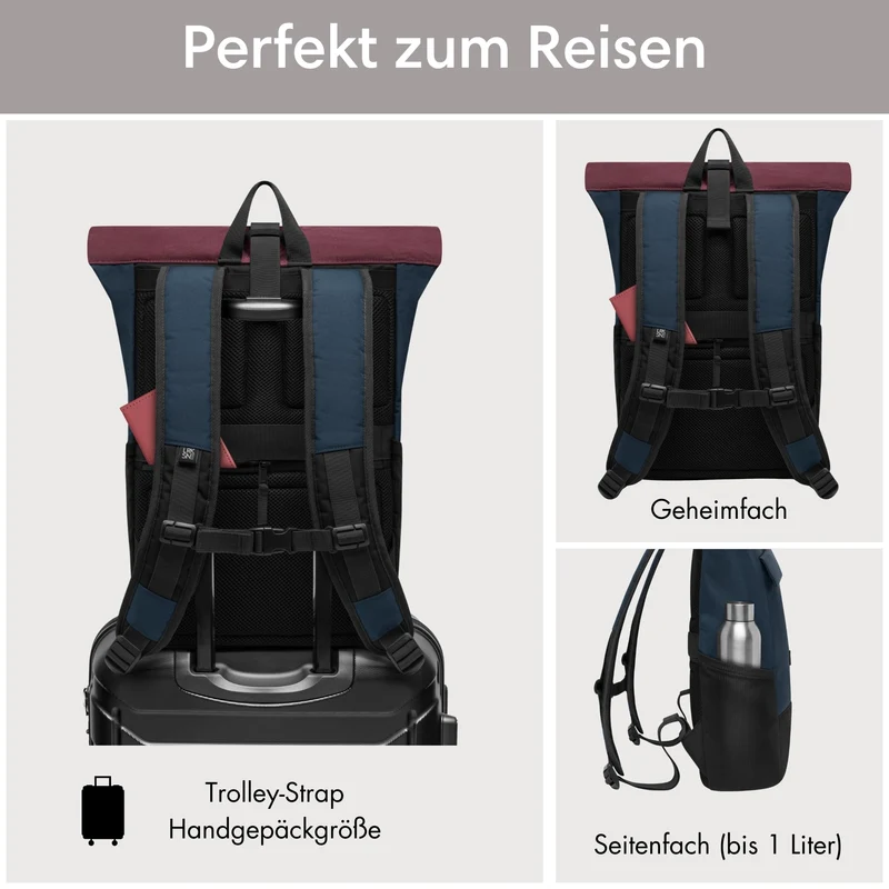 LARKSON No 4 Rolltop Rucksack mit 16 Zoll Laptopfach, blau-rot