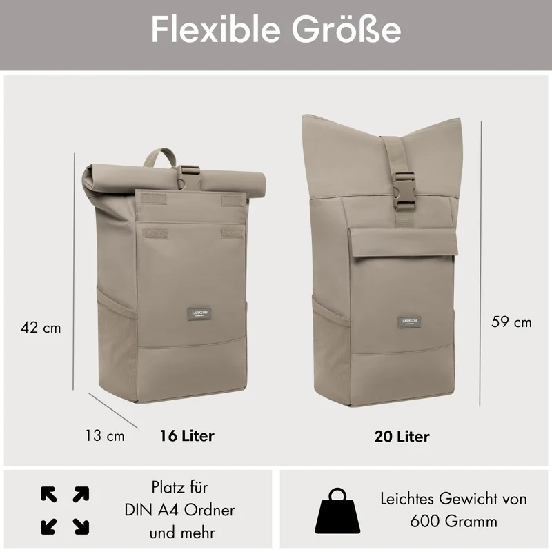 LARKSON No 4 Rolltop Rucksack mit Laptopfach, grau, 16 bis 20 Liter