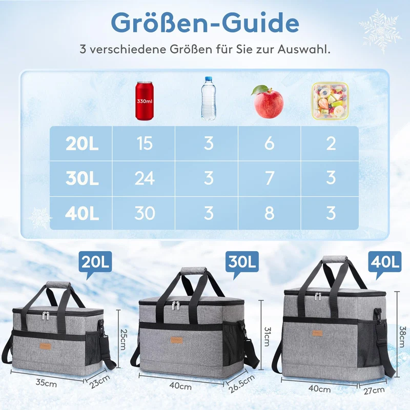 Lifewit Kühltasche 40 L faltbar, Thermotasche für 60 Dosen, Grau