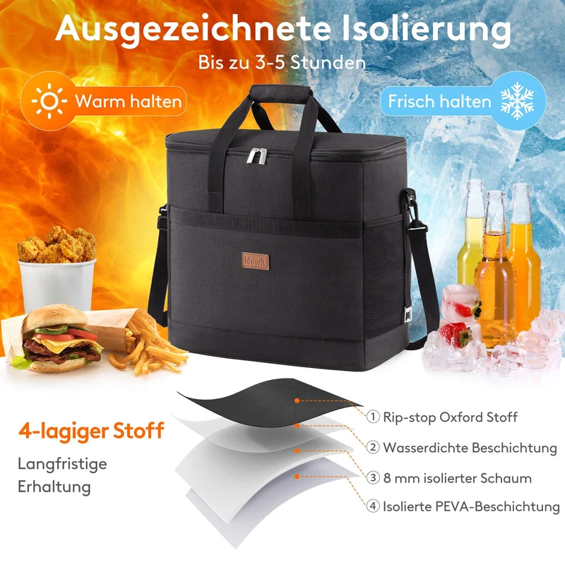 Lifewit Kühltasche 40 L, faltbare Thermotasche für Picknick, schwarz