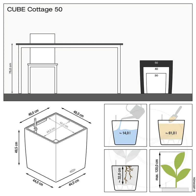 LECHUZA Cube Cottage 50 Pflanzgefäss Graphitschwarz 15393