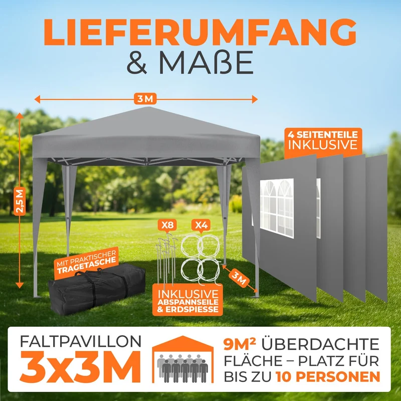 Kronenburg Faltpavillon 3 x 3 m, wasserdicht, UV-Schutz 50+, Grau