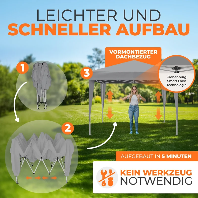Kronenburg Faltpavillon 3 x 3 m, wasserdicht, UV-Schutz 50+, Grau