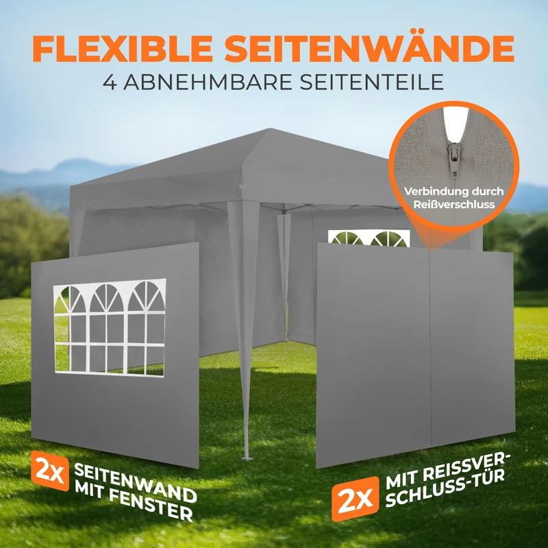 Kronenburg Faltpavillon 3 x 3 m, wasserdicht, UV-Schutz 50+, Grau
