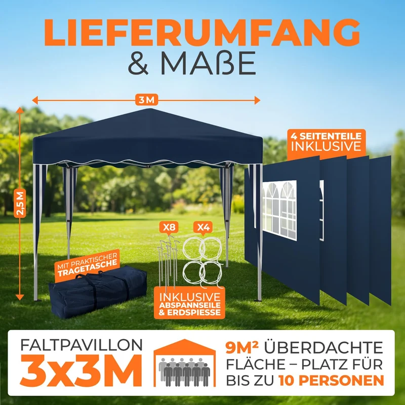Kronenburg Faltpavillon 3x3 m, wasserdicht, UV-Schutz 50+, Blau