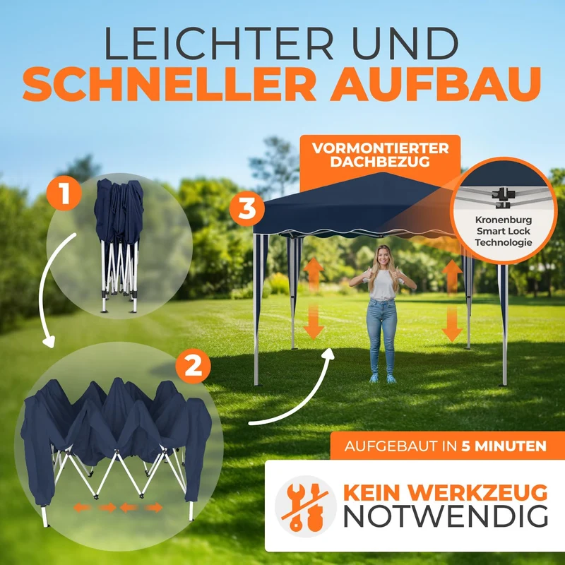 Kronenburg Faltpavillon 3x3 m, wasserdicht, UV-Schutz 50+, Blau