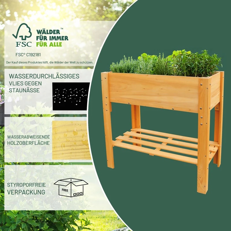HABAU Hochbeet Hanna aus Holz mit Vlies und Ablage, hellbraun