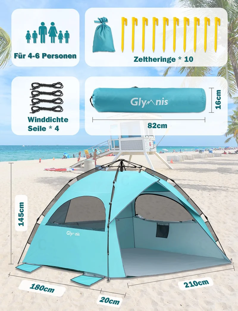 Glymnis Quick Up Strandzelt mit UV-Schutz 50+, blau, für 4-6 Personen