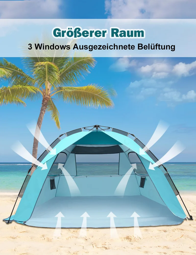 Glymnis Quick Up Strandzelt mit UV-Schutz 50+, blau, für 4-6 Personen