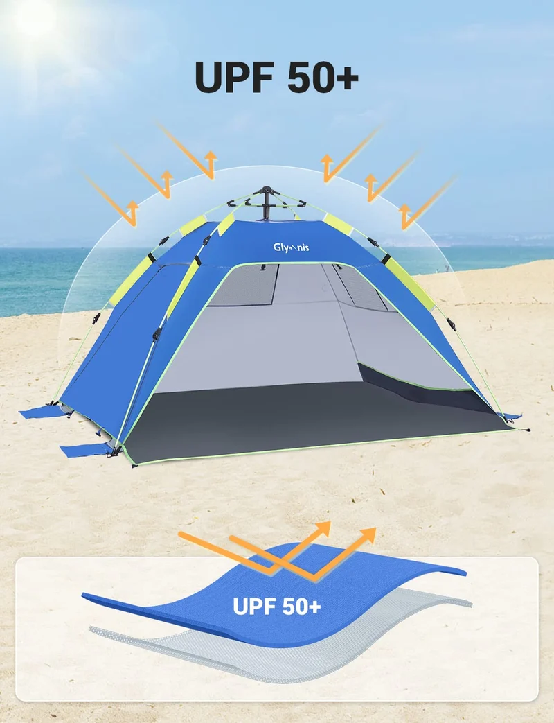 Glymnis Strandmuschel Quick Up mit UV-Schutz 50+ für 3-4 Personen