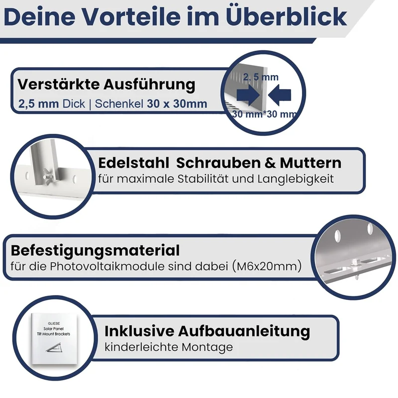 GLIESE Solarmodul Halterung 114 cm, 2er-Set, Aluminium, 0-90°