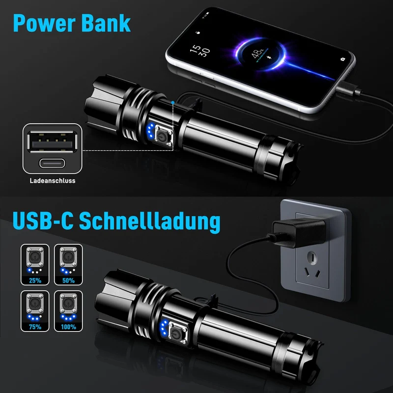 Glarylight LED Taschenlampe aufladbar, XHP70.2, 5 Modi, IPX7, 2 Stück
