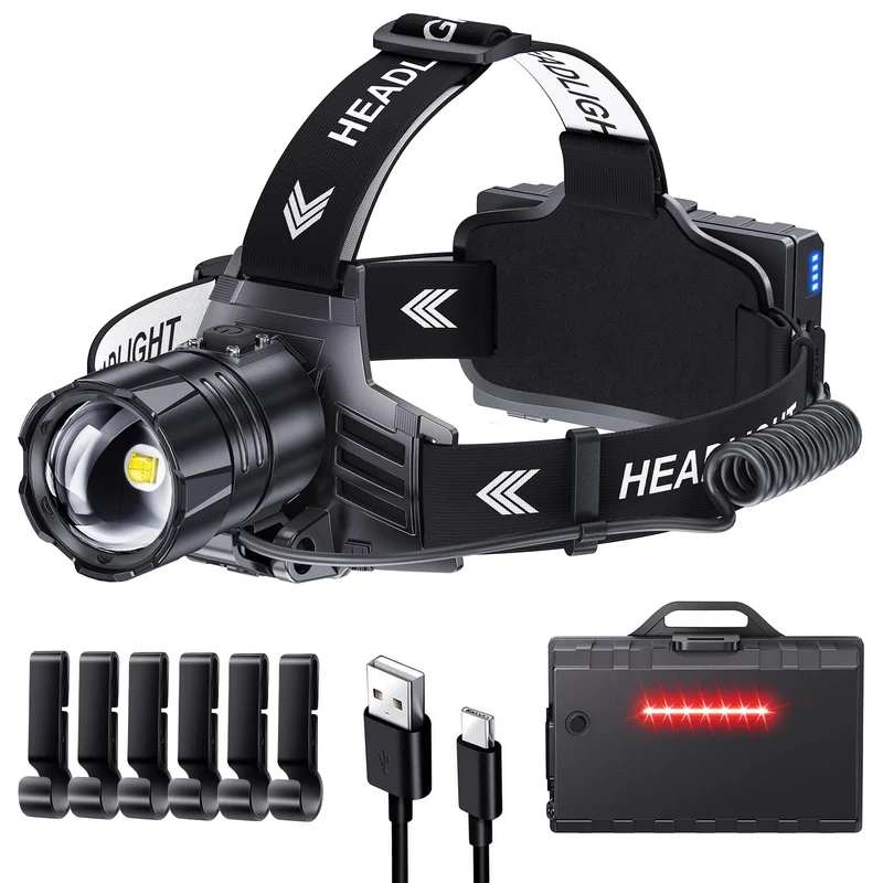 Glarylight LED-Stirnlampe wiederaufladbar, 120000 Lumen, IPX7, zoombar