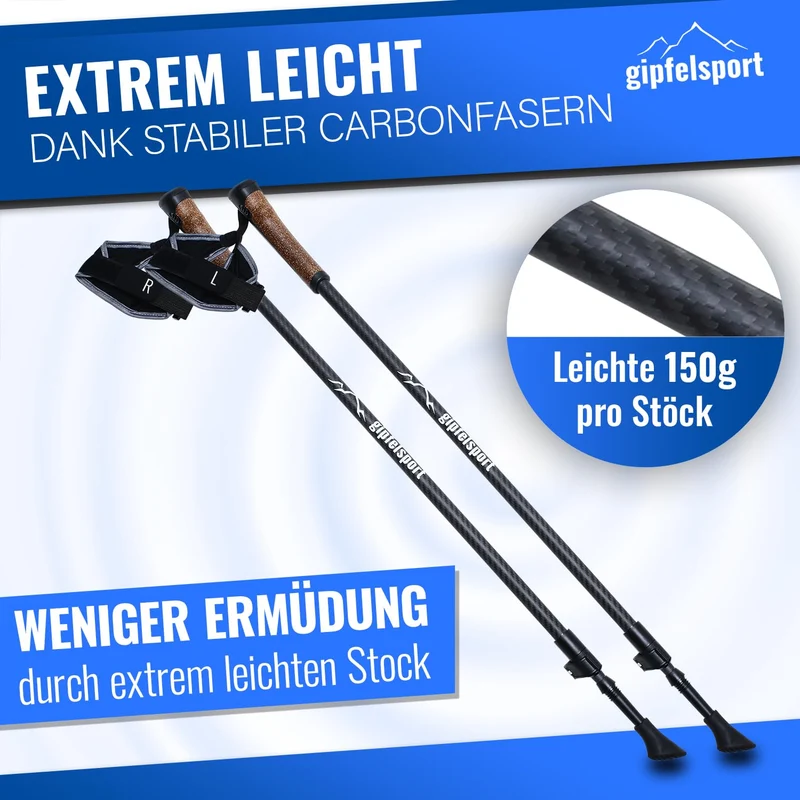 gipfelsport Nordic Walking Stöcke Carbon, verstellbar 77-120 cm