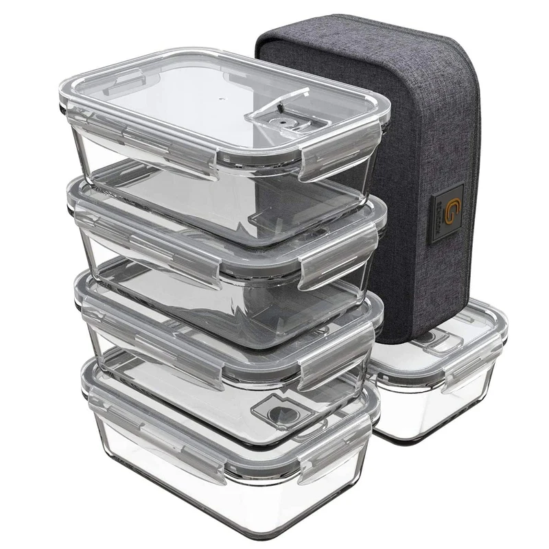 GENICOOK Lunchbox Bento Brotdose Glas 5 x 840 ml mit Lunchtasche