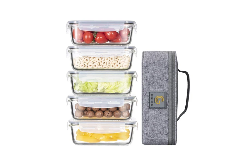 GENICOOK Lunchbox Bento Brotdose Glas 5 x 840 ml mit Lunchtasche