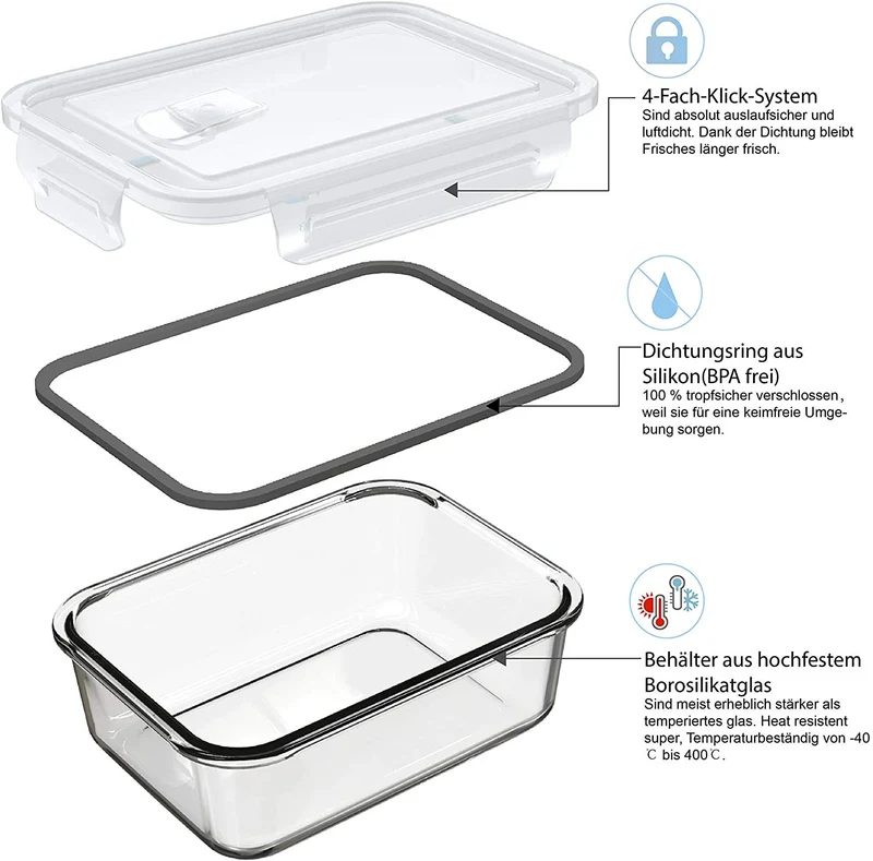 GENICOOK Lunchbox Bento Brotdose Glas 5 x 840 ml mit Lunchtasche