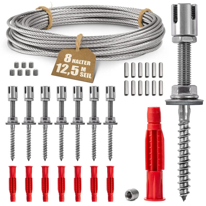 GARDELI Rankhilfe aus Edelstahl, Set mit 8 Wandhaltern, 12,5 m Seil