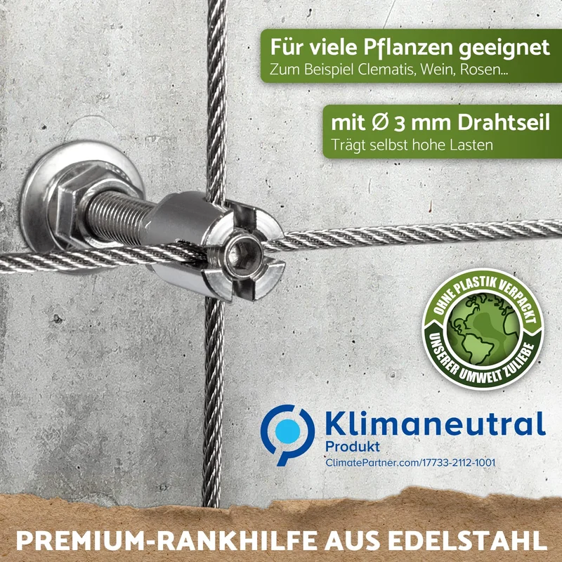 GARDELI Rankhilfe aus Edelstahl, Set mit 8 Wandhaltern, 12,5 m Seil