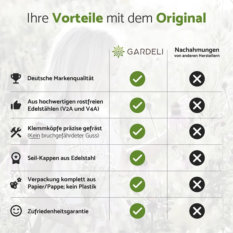 GARDELI Rankhilfe aus Edelstahl, Set mit 8 Wandhaltern, 12,5 m Seil