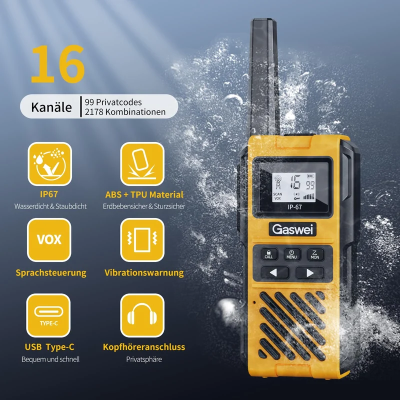 Gaswei G1pro Walkie-Talkie Set, 16 Kanäle, IP67 wasserdicht, 2 Stück