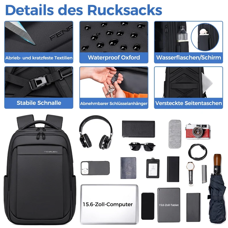 Fenree.geer Laptop Rucksack 15.6 Zoll, erweiterbar, wasserdicht