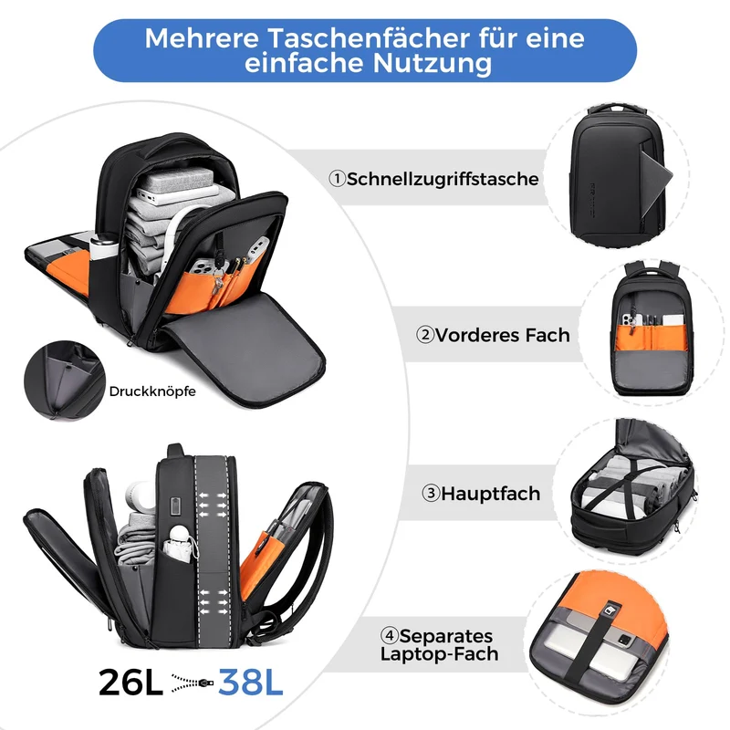 Fenree.geer Business Rucksack 26-38 L erweiterbar, 17 Zoll Laptopfach