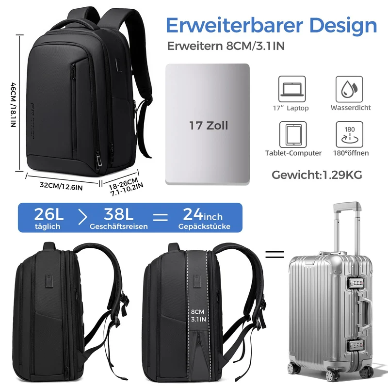 Fenree.geer Business Rucksack 26-38 L erweiterbar, 17 Zoll Laptopfach