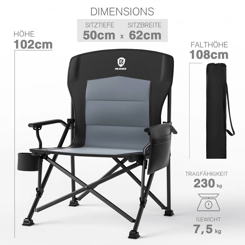 EVER ADVANCED Campingstuhl faltbar, XL Klappstuhl bis 230 kg