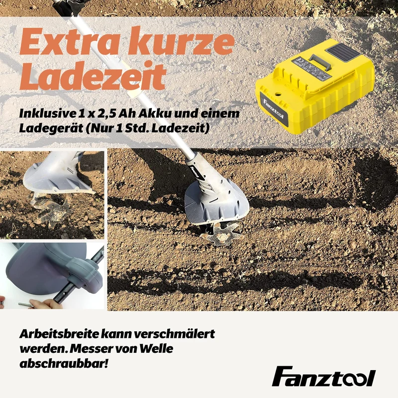 FANZTOOL AK0019 Akku-Motorhacke 20V inkl. 2,5Ah Akku und Ladegerät