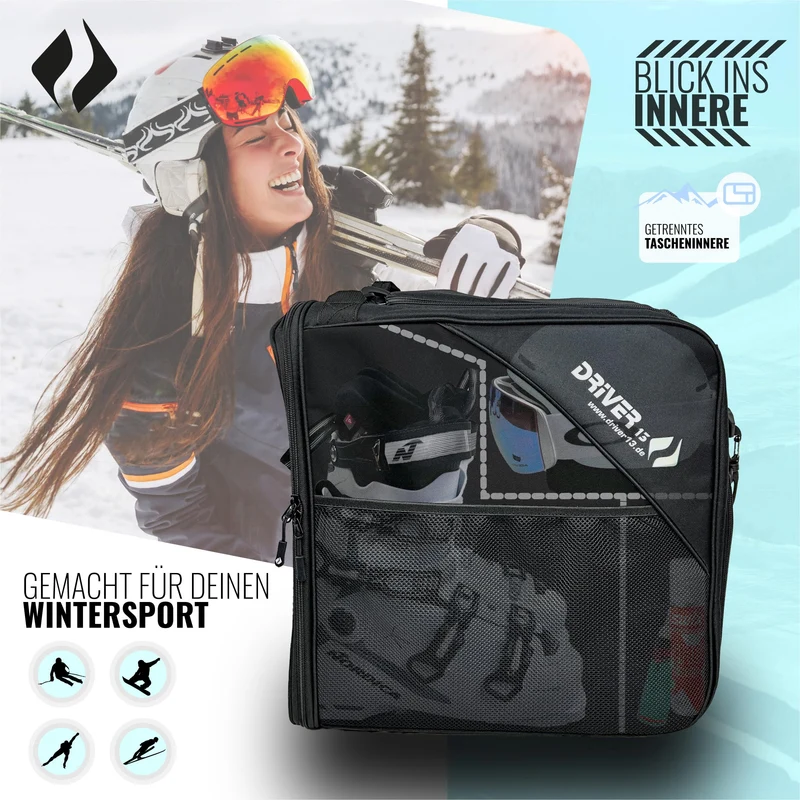 Driver13 Skistiefeltasche Bootbag mit Helmfach für Skischuhe, schwarz