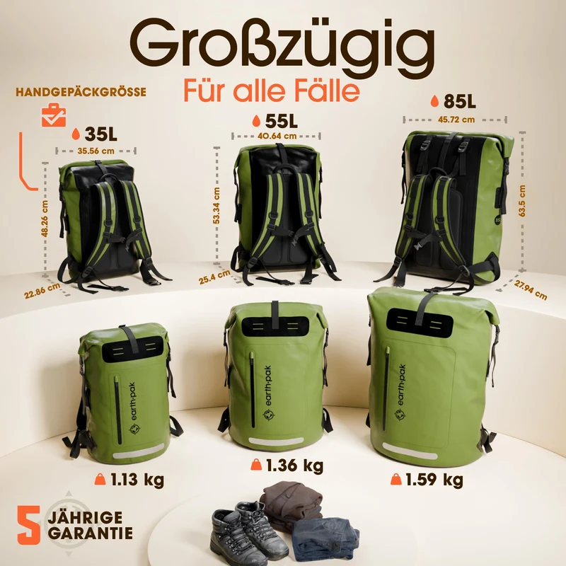 Earth Pak Summit wasserdichter Rucksack 35 L mit Rolltop, Grün