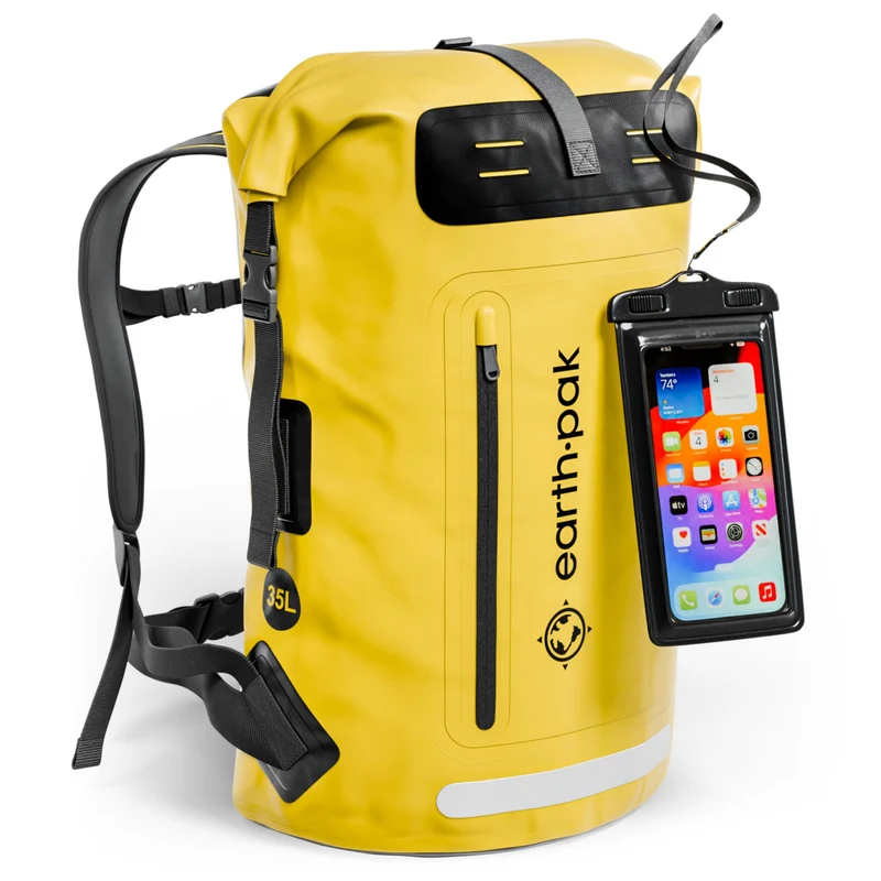 Earth Pak Summit wasserdichter Rucksack 35L Gelb mit Handyhülle