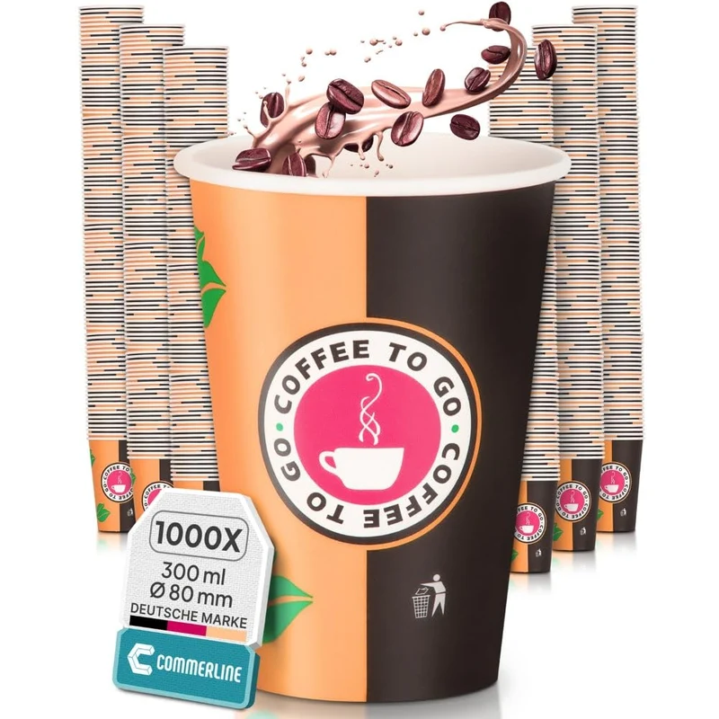 Commerline Pappbecher To Go 300 ml, Einweg-Kaffeebecher, 1000 Stück