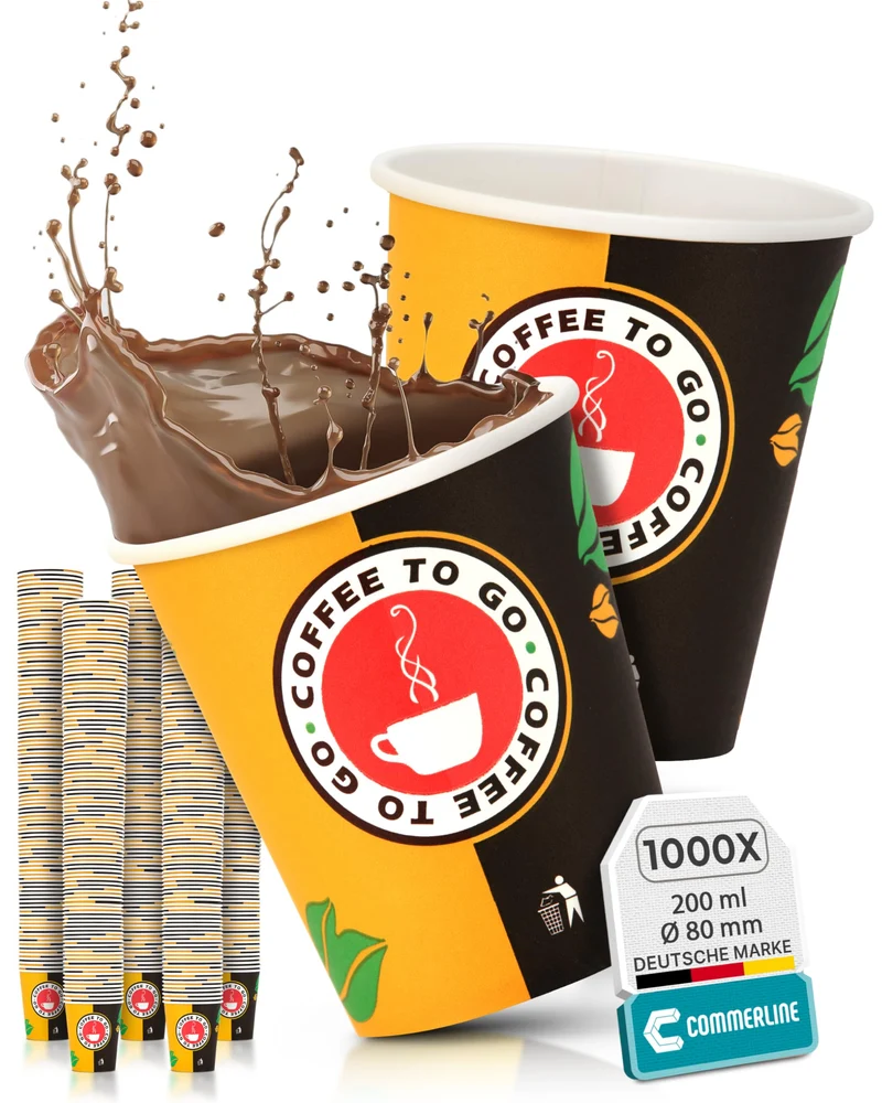 Commerline Kaffeebecher to go 200 ml, Pappbecher Einweg, 1000 Stück