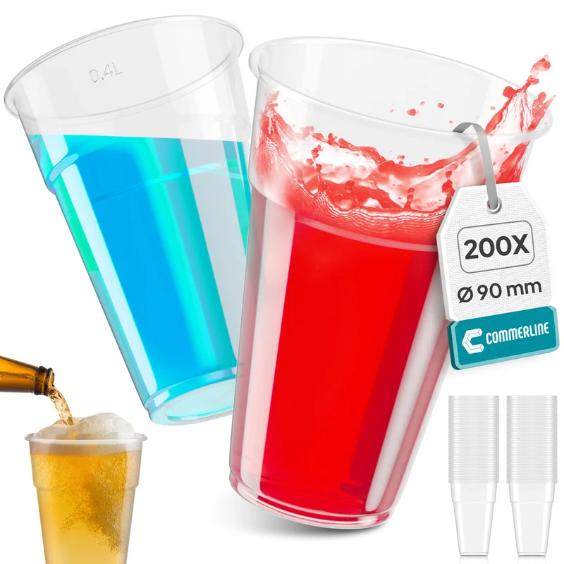 Commerline Plastikbecher 0,4 L transparent, Trinkbecher, 1000 Stück