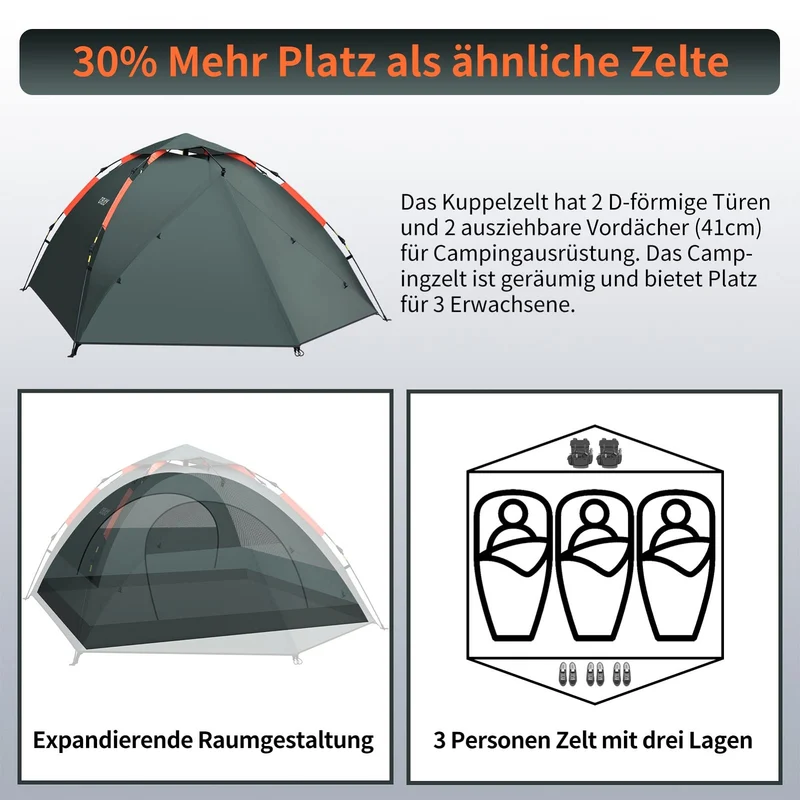Cflity Campingzelt 3 Personen Pop-Up Wurfzelt wasserdicht