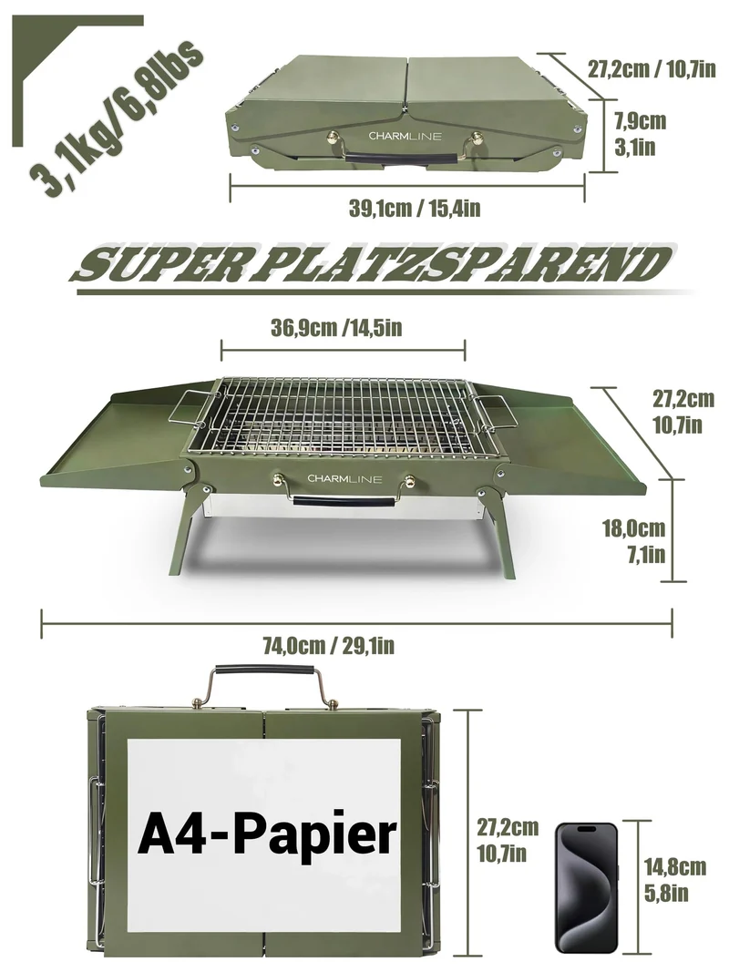 Charmline Holzkohlegrill klappbar, Campinggrill 39 x 27 cm, grün