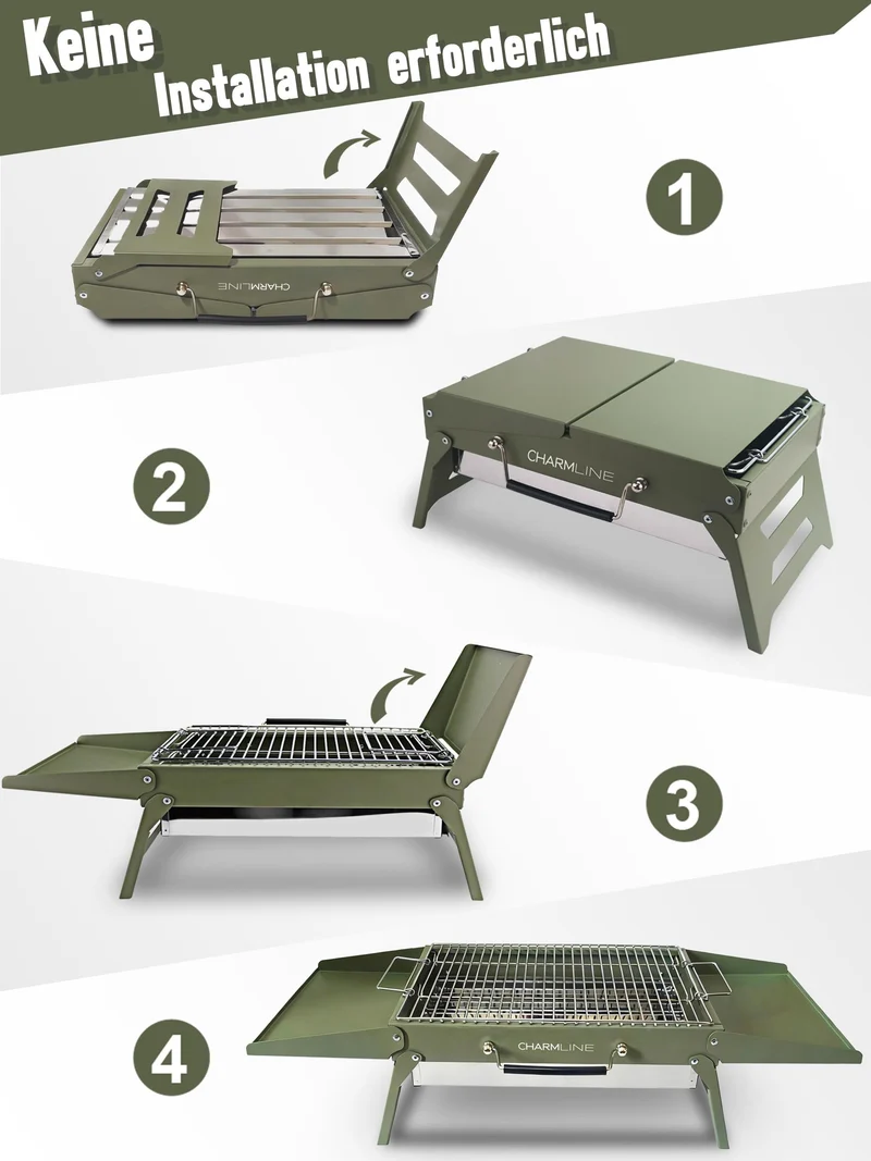 Charmline Holzkohlegrill klappbar, Campinggrill 39 x 27 cm, grün