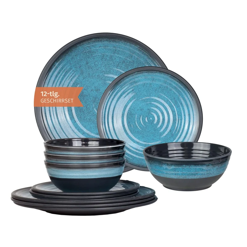 Moritz Camping Geschirrset aus Melamin, 12-teilig, Stone Blue